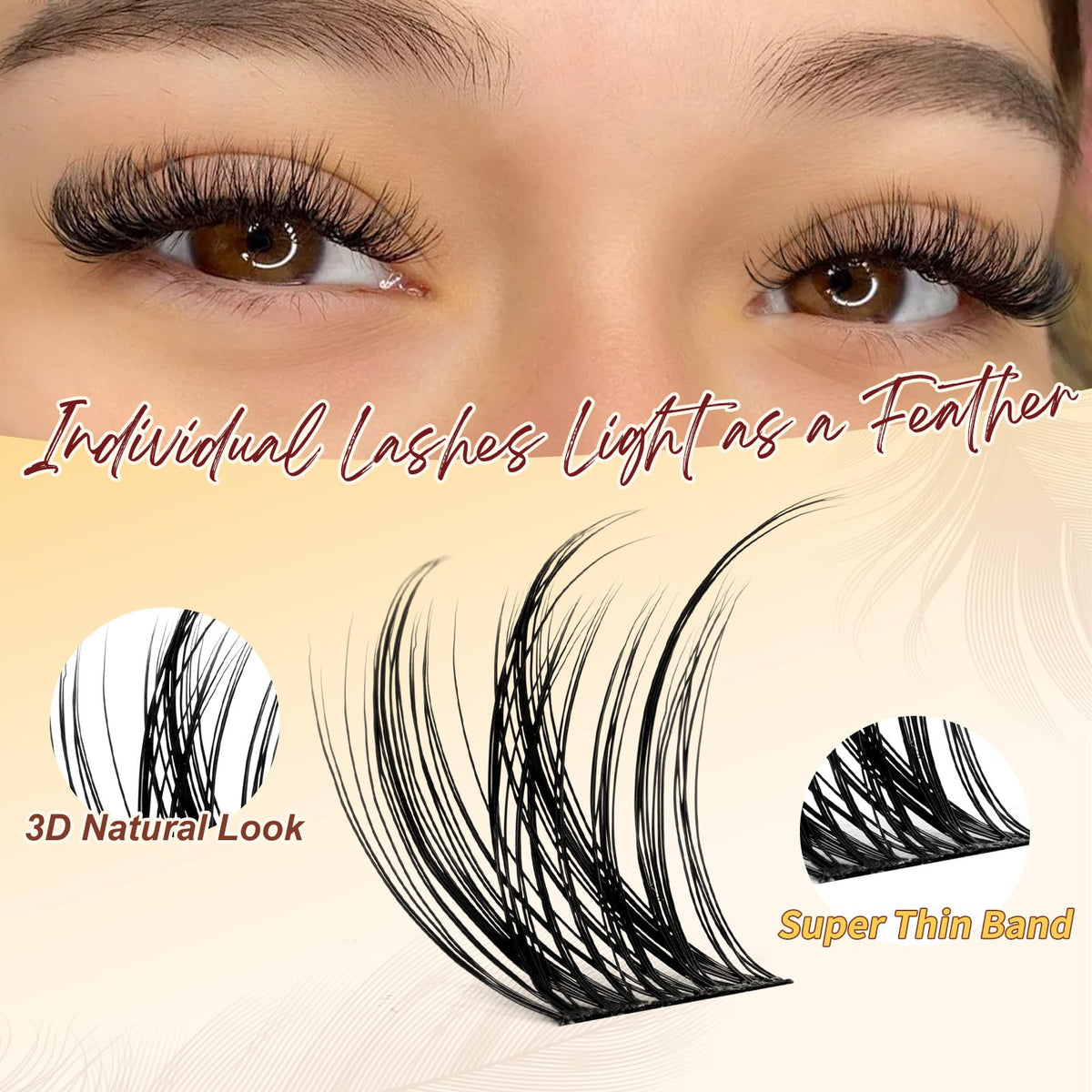 QUEWEL Wispy Cluster-Lashes Natural Look, D Curl Reusable Eyelash Extension Kit, 120 Pcs Super Thin Band Eyelash Clusters Kit with Lash Bond and Seal Waterproof and Lash Tweezer(Feather 01-kit）