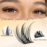 QUEWEL Wispy Cluster-Lashes Natural Look, D Curl Reusable Eyelash Extension Kit, 120 Pcs Super Thin Band Eyelash Clusters Kit with Lash Bond and Seal Waterproof and Lash Tweezer(Feather 01-kit）
