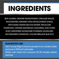 Protein Dynamix - Dynamo Pre Workout - High Intensity Performance - Blue Raspberry - 3000mg Citrulline + AAKG • 2500mg Beta Alanine • 2000mg Creatine • 250mg Caffeine • 200g