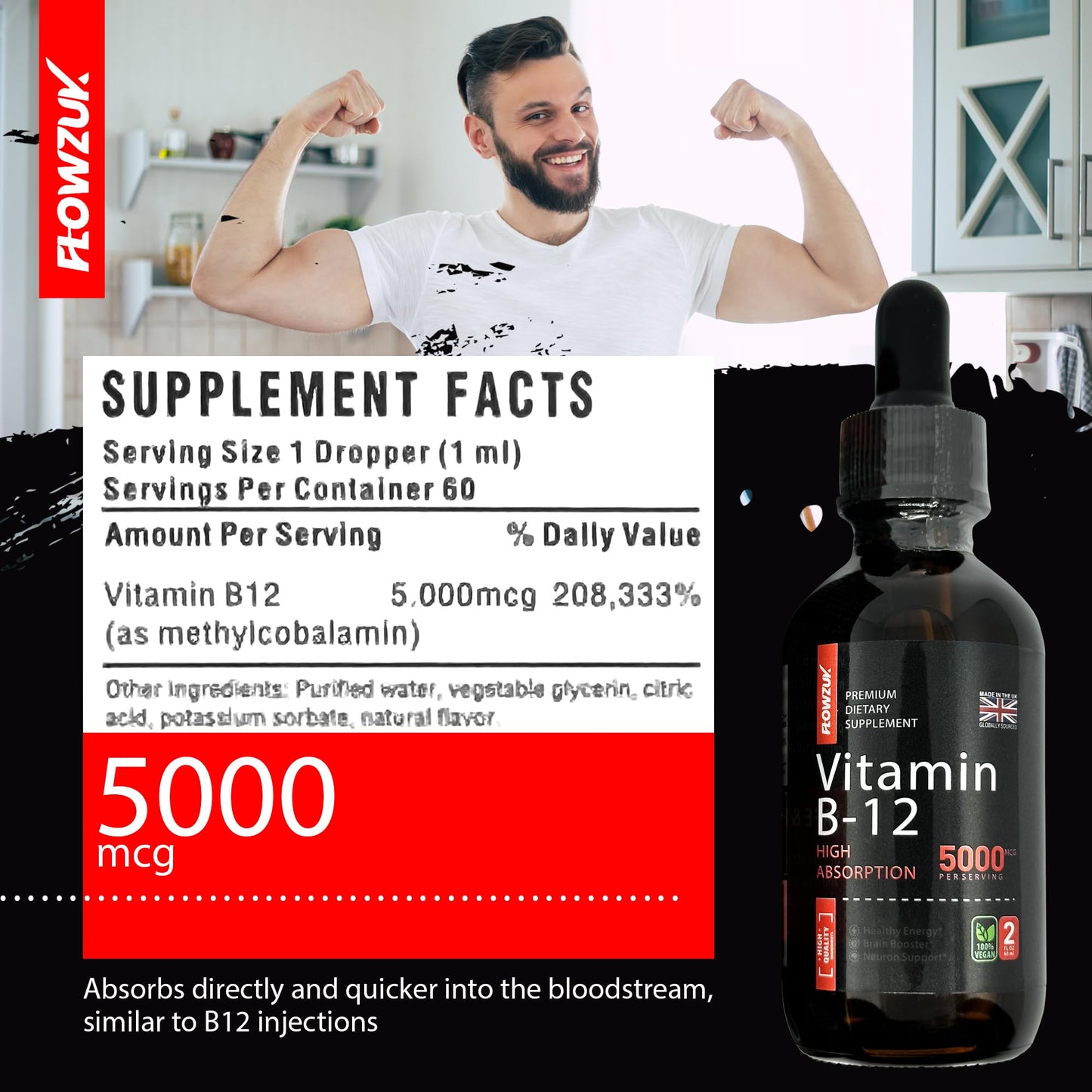 Flowzuk B12 Liquid Vitamin Drops 5000 mcg Methylcobalamin High Strength 60ml Dropper Bottle - Vegan Friendly - Sublingual for Fast Absorption - Gluten Free - Made in The UK