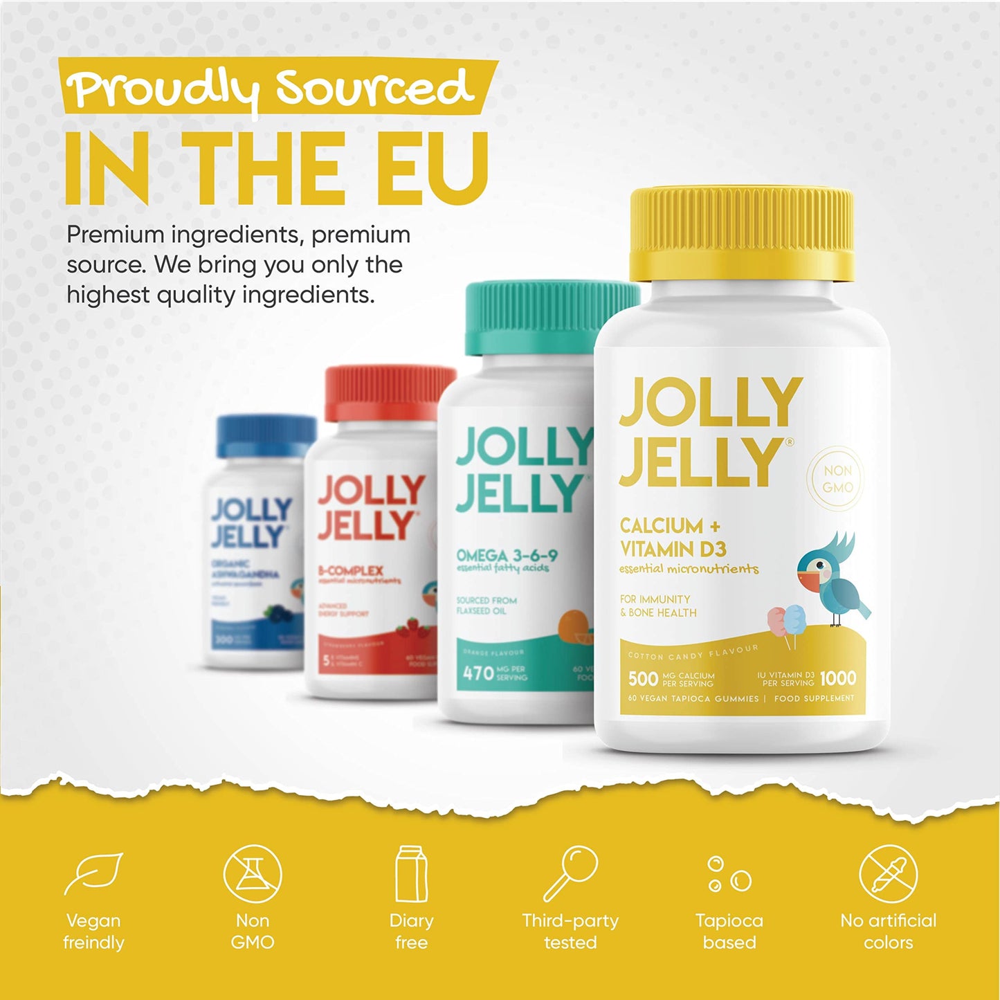 Calcium and Vitamin D3 Tapioca Gummies | 1000IU Vitamin D3 + 500mg Calcium | Immunity & Bone Health | Cotton Candy Flavour | Kosher, Halal, Non GMO | 60 Vegan Gummies.