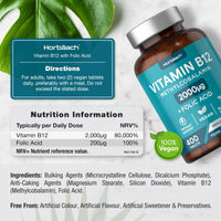 Vitamin B12 Tablets | 2000mcg | 400 Vegan Tablets | High Strength Supplement | Complex Formula with Folic Acid | by Horbaach