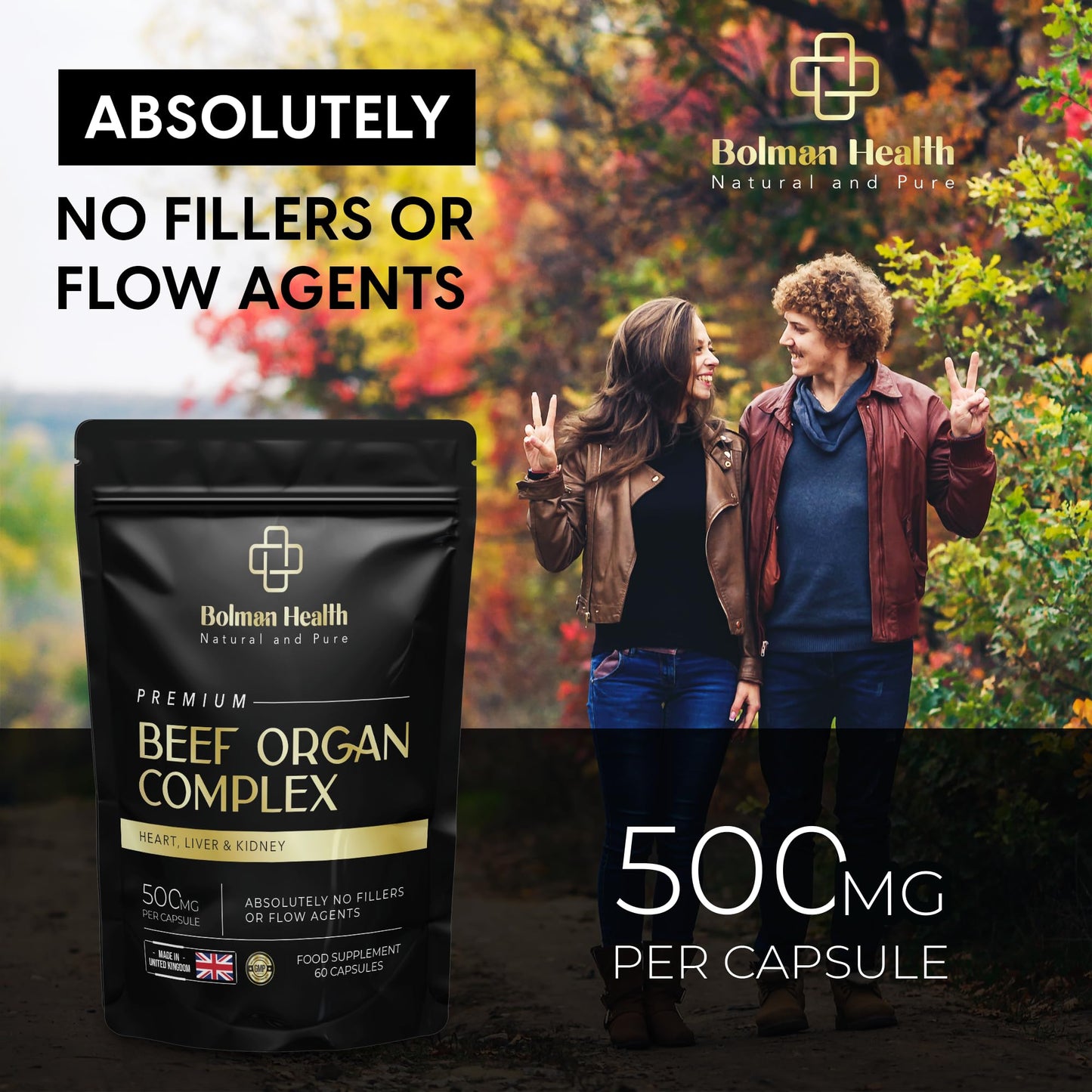 Bolman Health Beef Organ Complex | High Strength Grass-Fed Liver, Heart & Kidney Capsules | Supports Energy, Metabolism, Immune Health, Stamina & Vitality | 60 Capsules | Non-GMO, Gluten-Free | UK Made