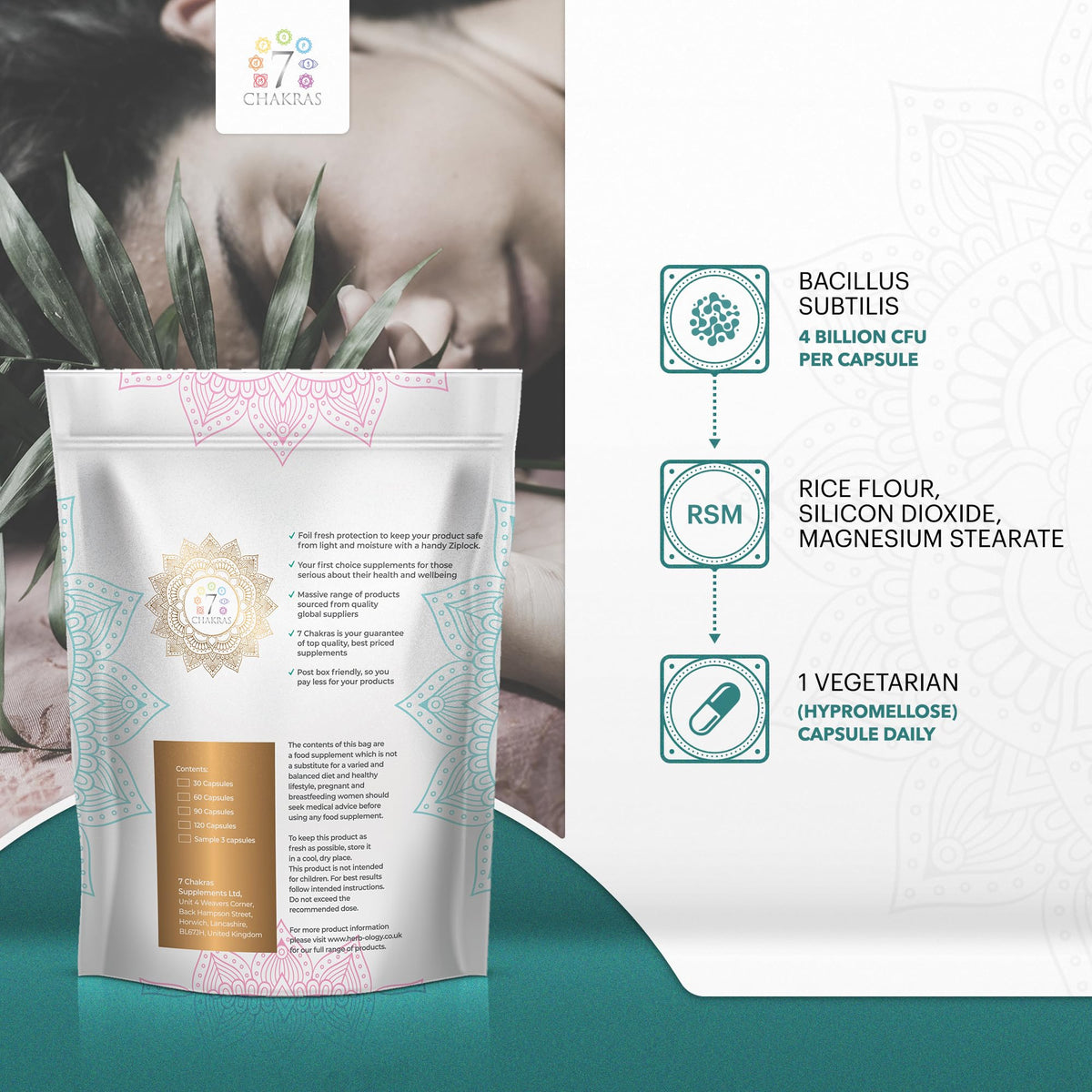 Herb-ology.co.uk Nature's Technology 7C Bacillus Subtilis | 120 High Strength Probiotic Supplements - 4 Billion CFU Bacillus Subtilis per Capsule | Spore Probiotics | Non-GMO, Gluten & Allergen Free | Manufactured in The UK