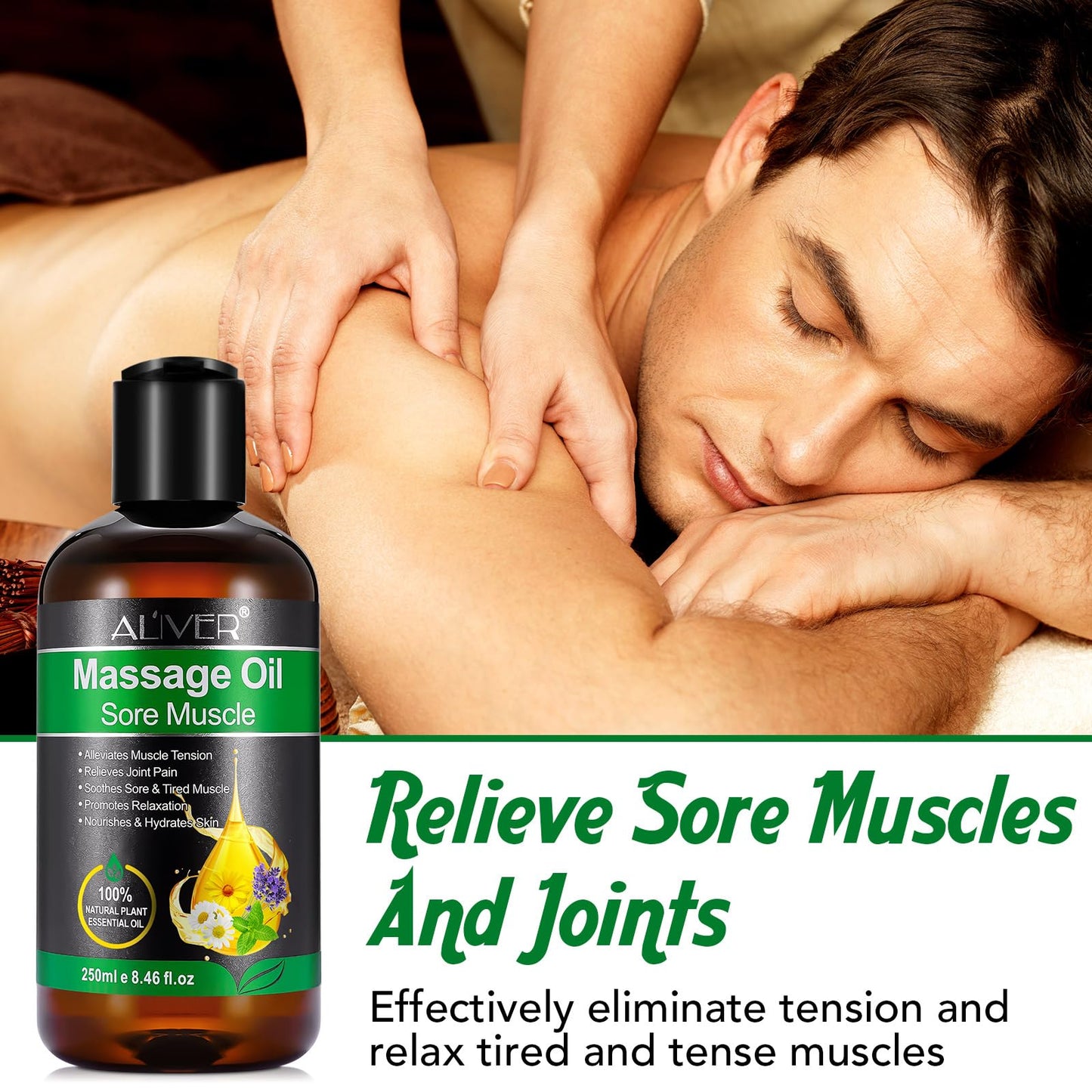 Massage Oil for Sore Muscle, Joint Pain Relief, 250ml Massage Oils for Massage Therapy Relaxing Moisturizing Body Oil for Men and Women