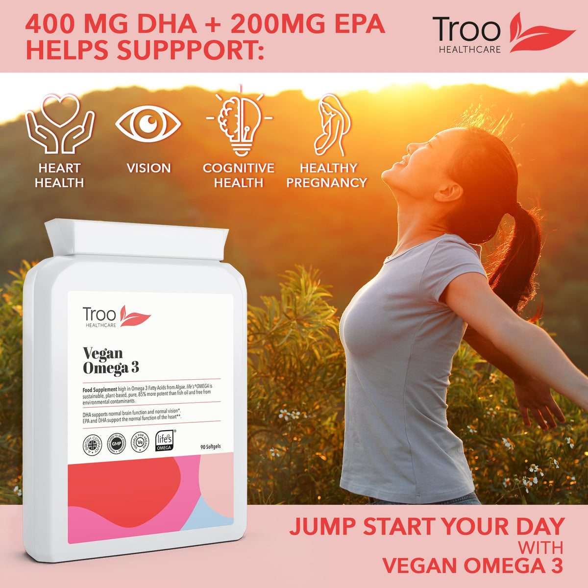 Troo Health Care Vegan Omega 3 Algal Oil 1332mg Per Serving - Provides 732mg Omegas Including a Minimum of 400mg DHA & 200mg EPA - Sustainable Plant Source Omega Oil Softgels - 90 Capsules - UK Made