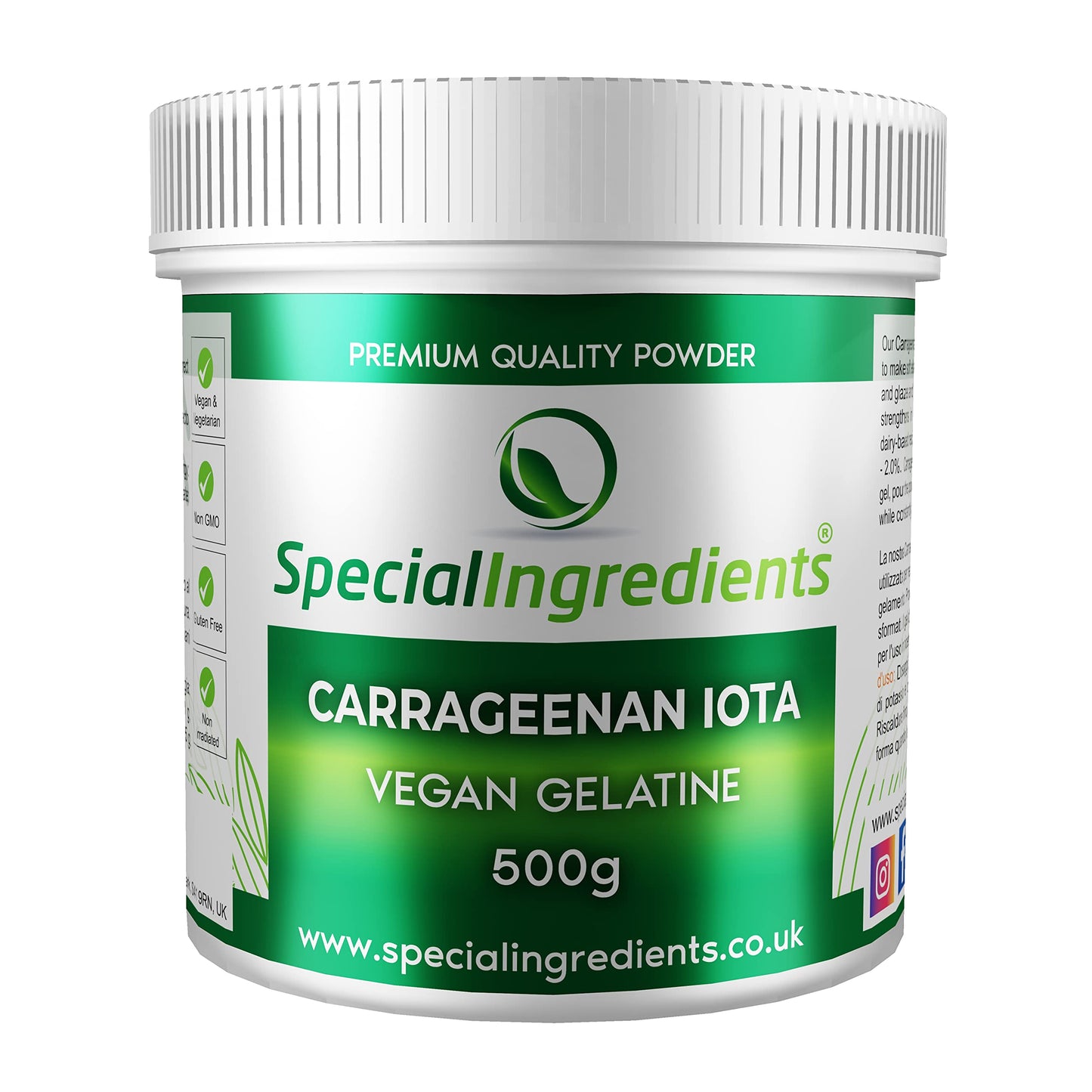 SPECIAL INGREDIENTS Special Ingredients Carrageenan Iota Premium Quality Food Grade Powder 500g, Suitable for Vegan's & Vegetarian's, Non GMO, Recyclable Plastic Container