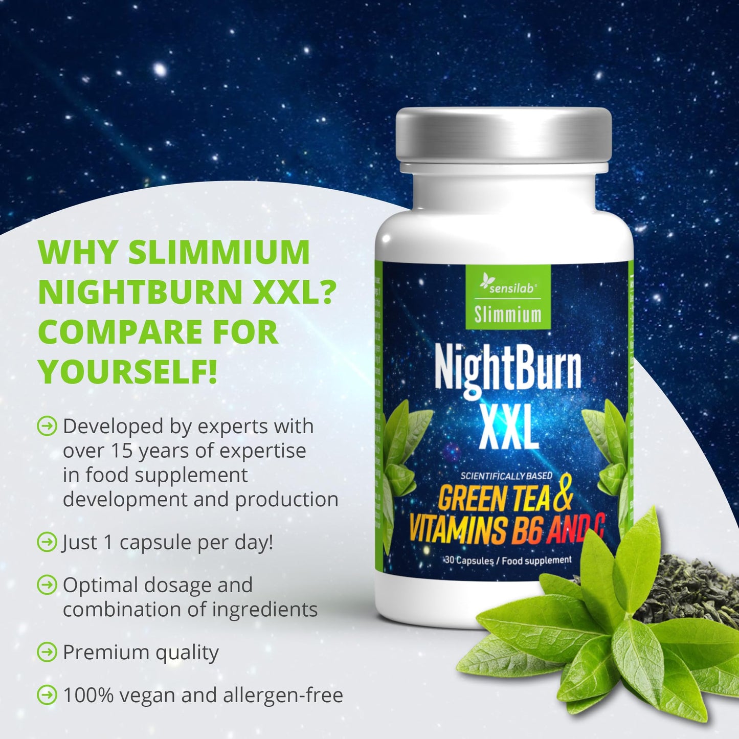 Slimjoy Weight Loss Capsules, Premium Green Tea Extract, with Added Vitamins B6 and Vitamin C - 90 Day Supply Sensilab Slimmium, NightBurn XXL