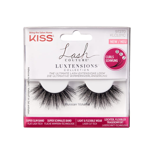 KISS Lash Couture LuXtensions Collection 1 Pair of Fake Lashes, Russian Volume, Light and Flexible Faux-Mink Eyelash with Super Slim Band includes Lash Glue
