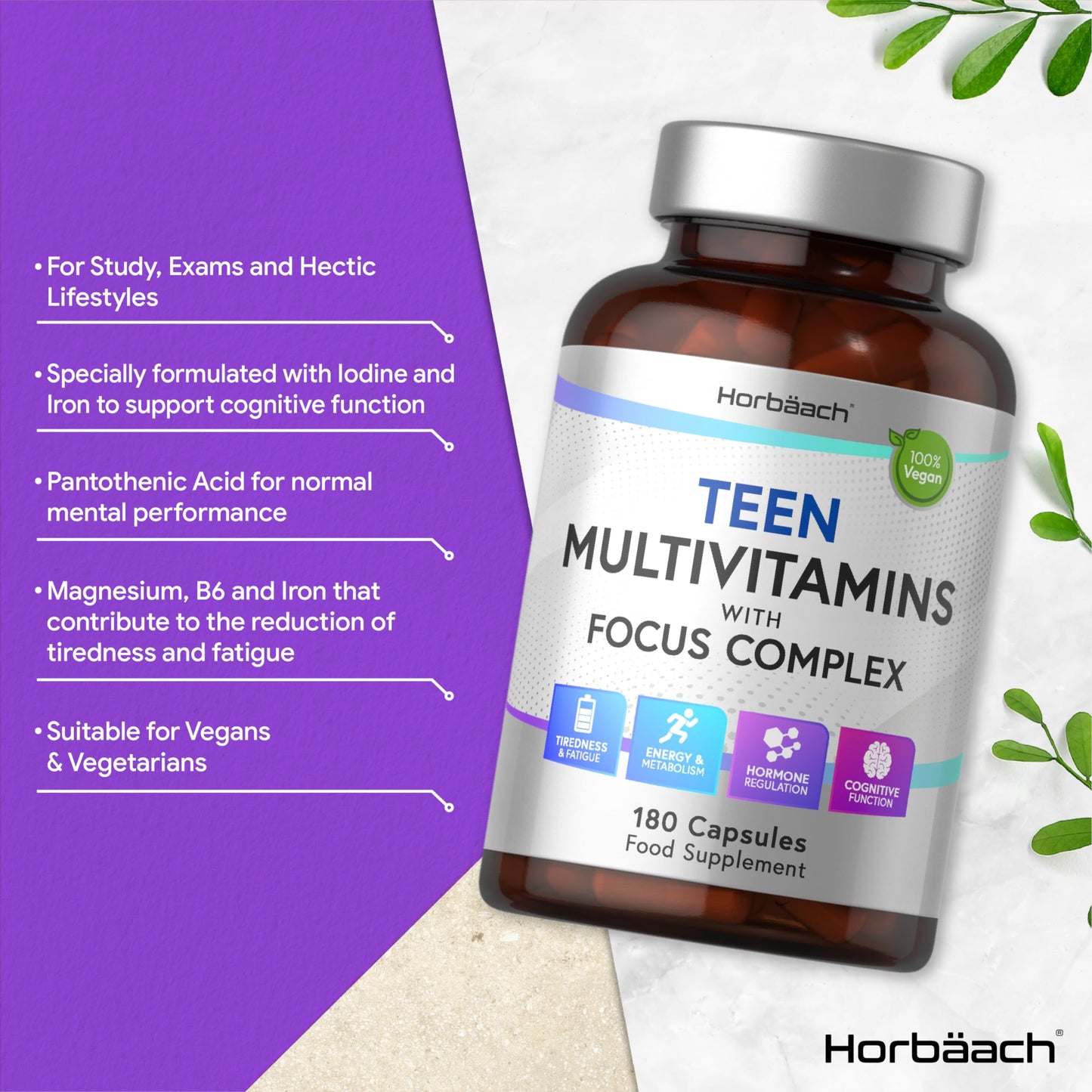 Multivitamin Tablets for Teens | 180 Capsules | Focus Complex for Energy, Hormone and Cognitive Support | Vegan Supplement for Teenage Boys & Girls | by Horbaach