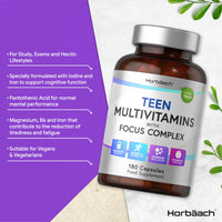 Multivitamin Tablets for Teens | 180 Capsules | Focus Complex for Energy, Hormone and Cognitive Support | Vegan Supplement for Teenage Boys & Girls | by Horbaach