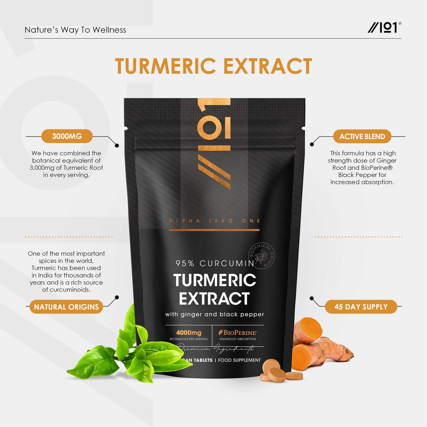 ALPHA01 Turmeric Curcumin 95 Tablets 3000mg with BioPerine® & Ginger – High Strength 95% Curcuminoids Supplements from 60:1 Turmeric Root Extract – 90 Vegan Capsules – by Alpha01