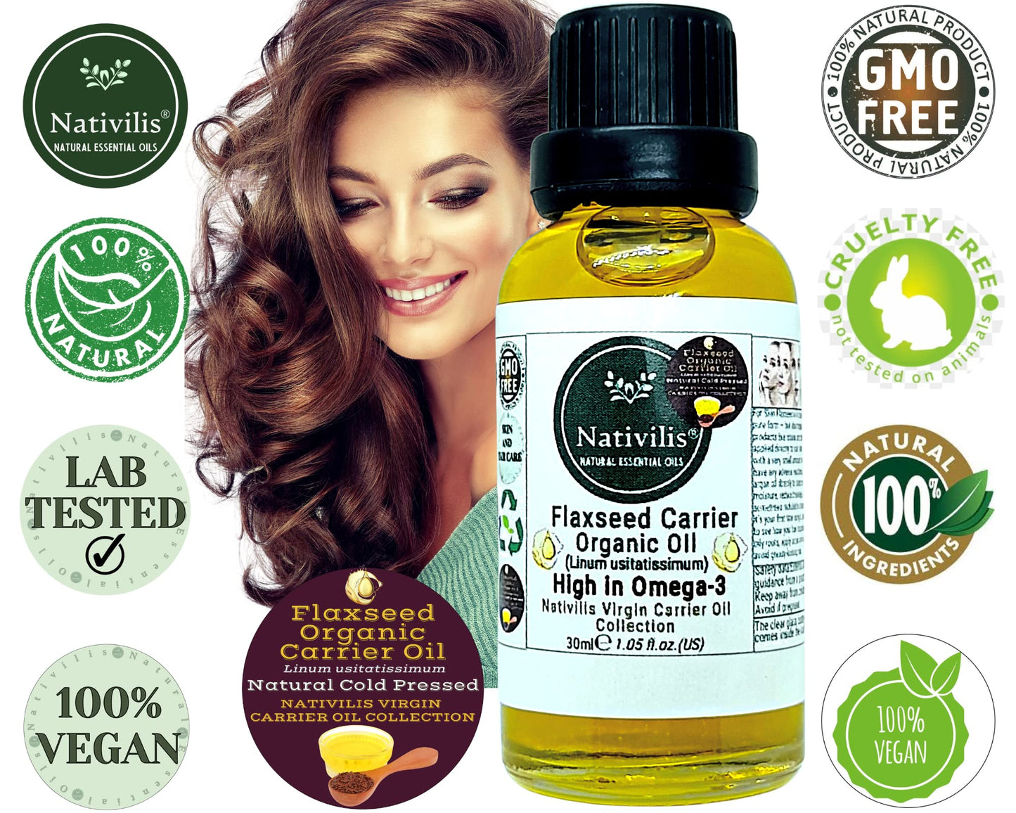Nativilis Natural Essential Oils Nativilis Organic Flaxseed Carrier Oil (Linum usitatissimum) - linseed oil - Hair, Face & Skin - Natural Cold Pressed - High in Omega-3 - Improves Skin Smoothness – Moisturizes Dry Skin - Copaiba