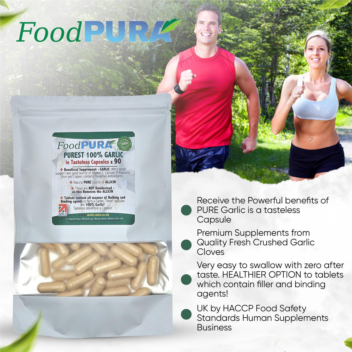 FoodPURA Pure Garlic Capsules Recommended Daily Strength 1000mg HACCP Certified, Manufactured in The UK by FoodPURA 1 Pack of 90 Capsules