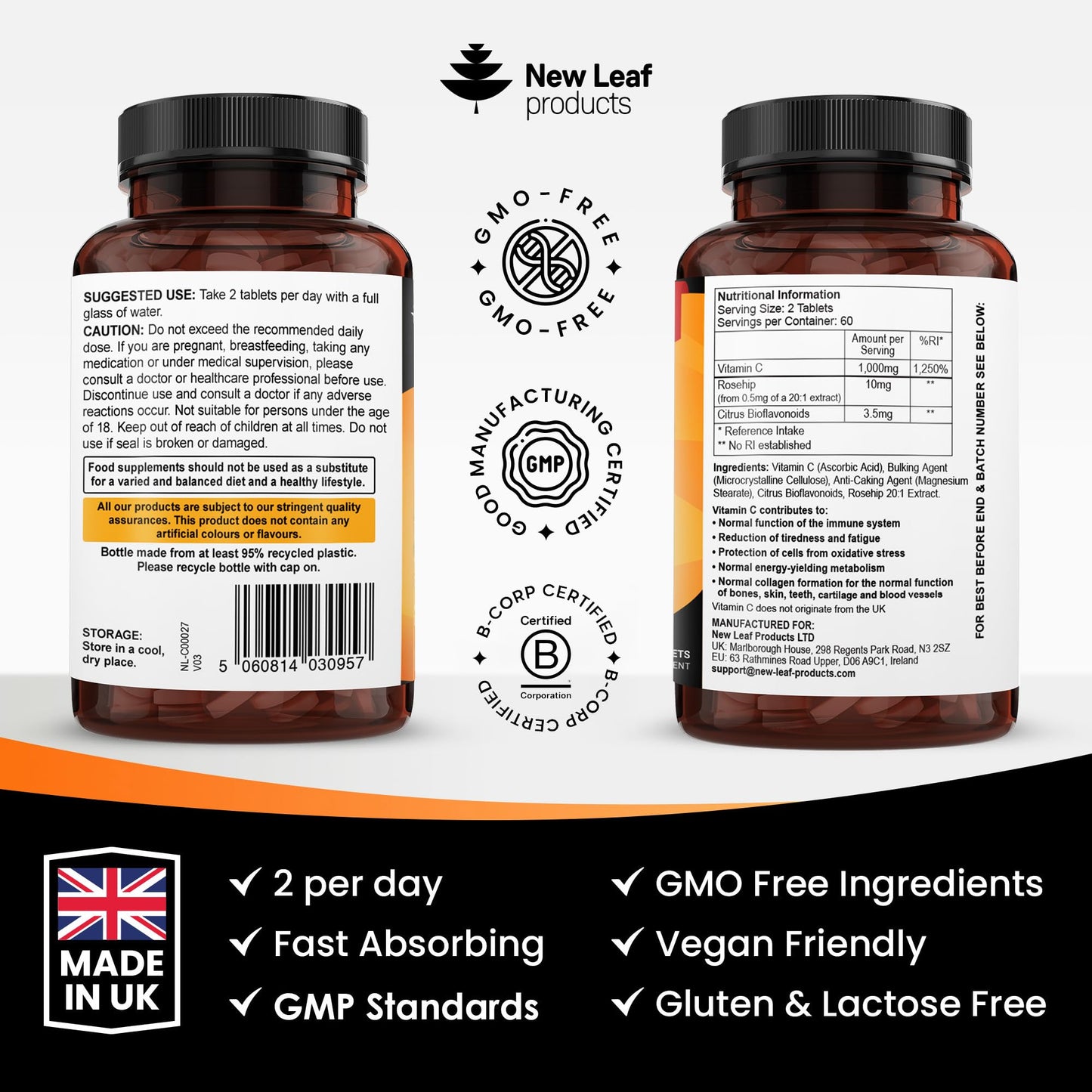 NEW LEAF PRODUCTS Vitamin C Tablets 1000mg - Enriched with Bioflavonoids & Rosehip - Premium Vitamin C Supplements - Vegan Tablets High Strength Ascorbic Acid VIT C for Normal Immune System UK Made