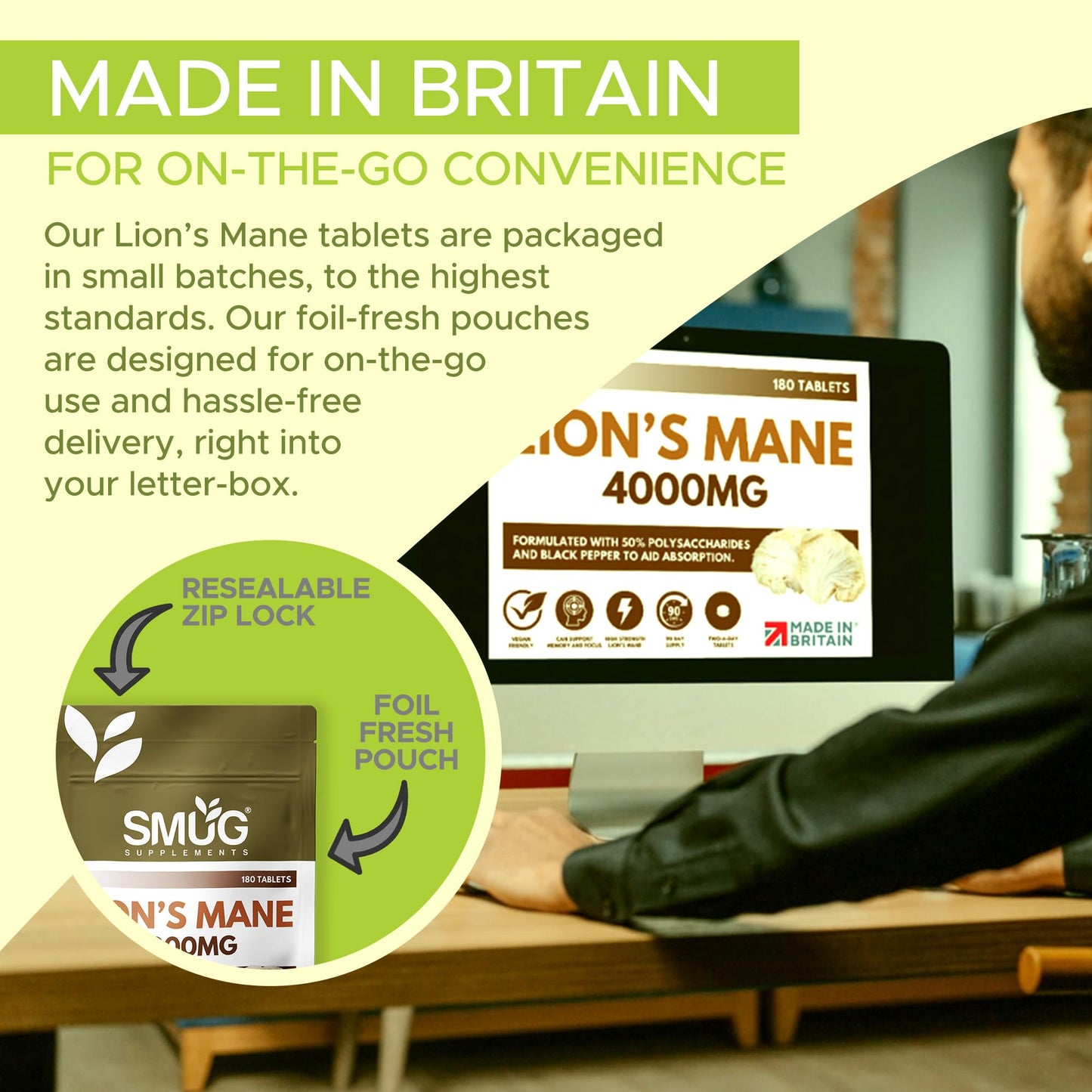 Lions Mane 4000mg British Made by SMUG Supplements - 180 Vegan Lion's Mane Mushroom Extract Tablets - Two-a-Day Dose with Black Pepper - 90 Day Supply - Potent Alternative to Capsules or Powder