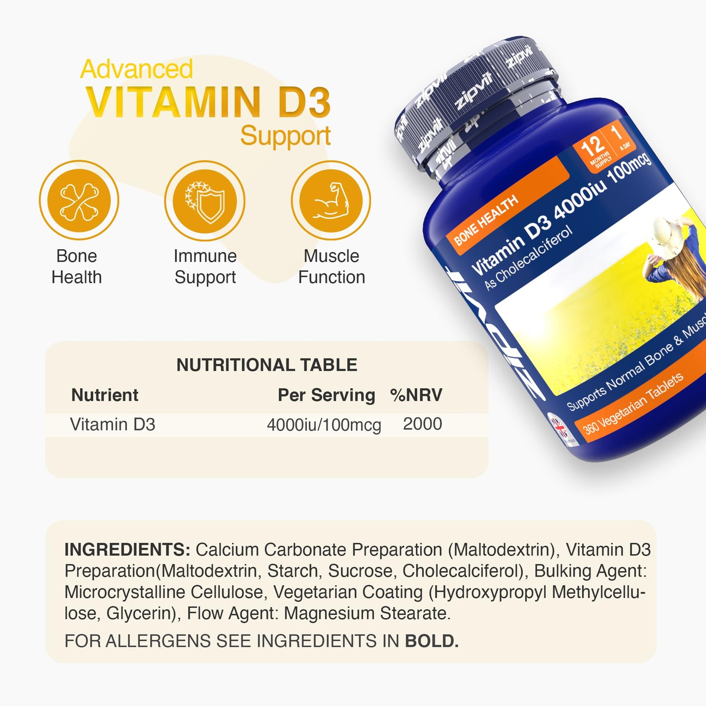 Zipvit Vitamin D3 4000 IU, 360 Maximum Strength Vitamin D Tablets, 12 Months Supply, Vegetarian, 1 a Day, VIT D3 As Cholecalciferol, Supports Bones Muscles, Immune System