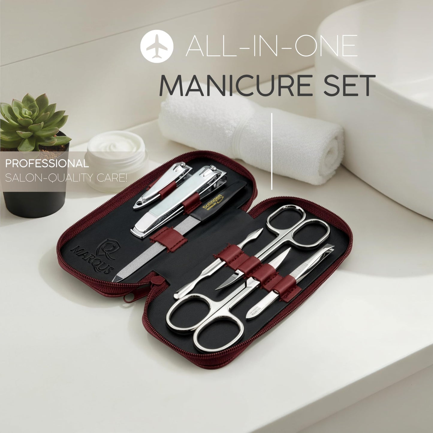 marQus Solingen Manicure Set for Women & Men - Comparison Winner with Top Price/Performance Ratio - Handy and Soft Case - 7-Piece Grooming Kit, Red