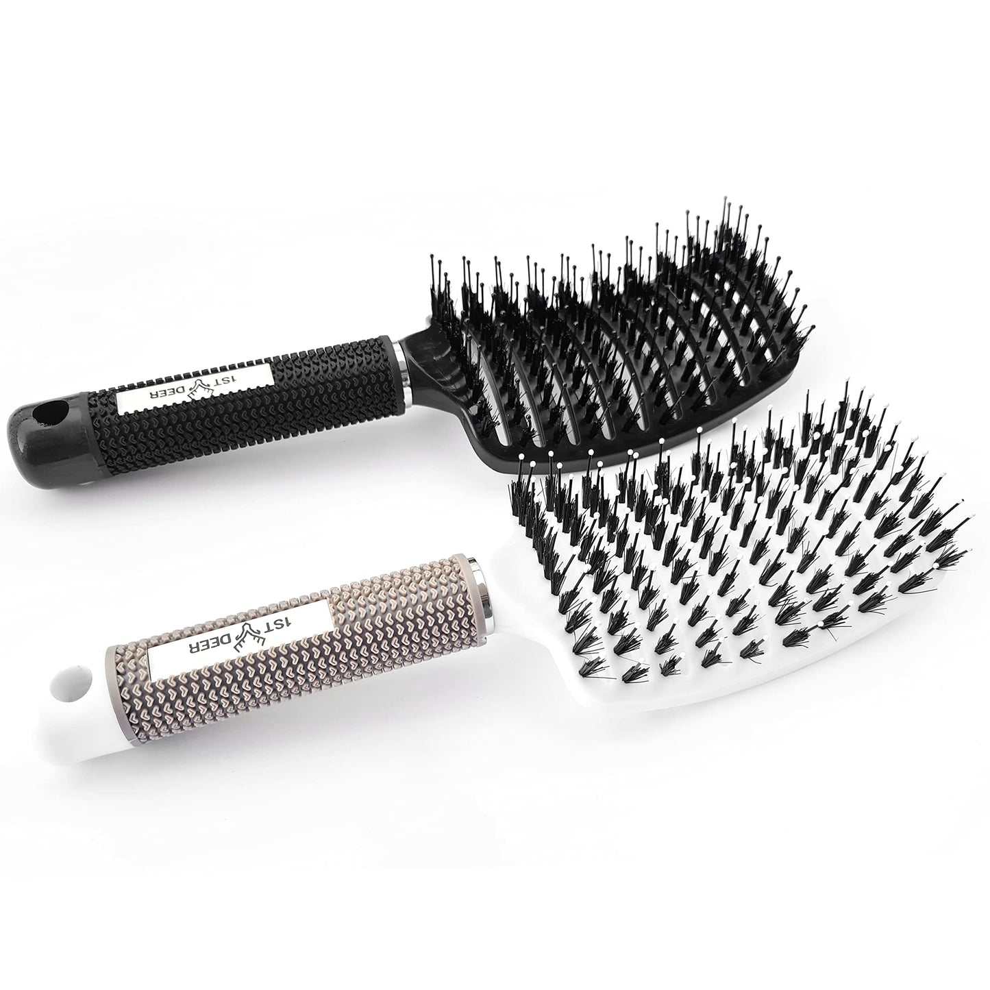 1st Deer Detangling Nylon Bristle Brush, 2 pcs Styling Hair Brush, Curved Vented Hairbrush for Faster Drying, Detangler for Dry Wet Long Thick Curly Straight Hair (White, Black)