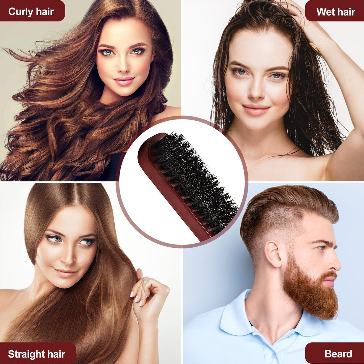 Generic Slick Back Boar Bristle Brush, Reddish-brown Round Hair & Beard Smoothing Tool for Afro Wet Curly Damaged, Gentle Grooming Brush Reducing Breakage