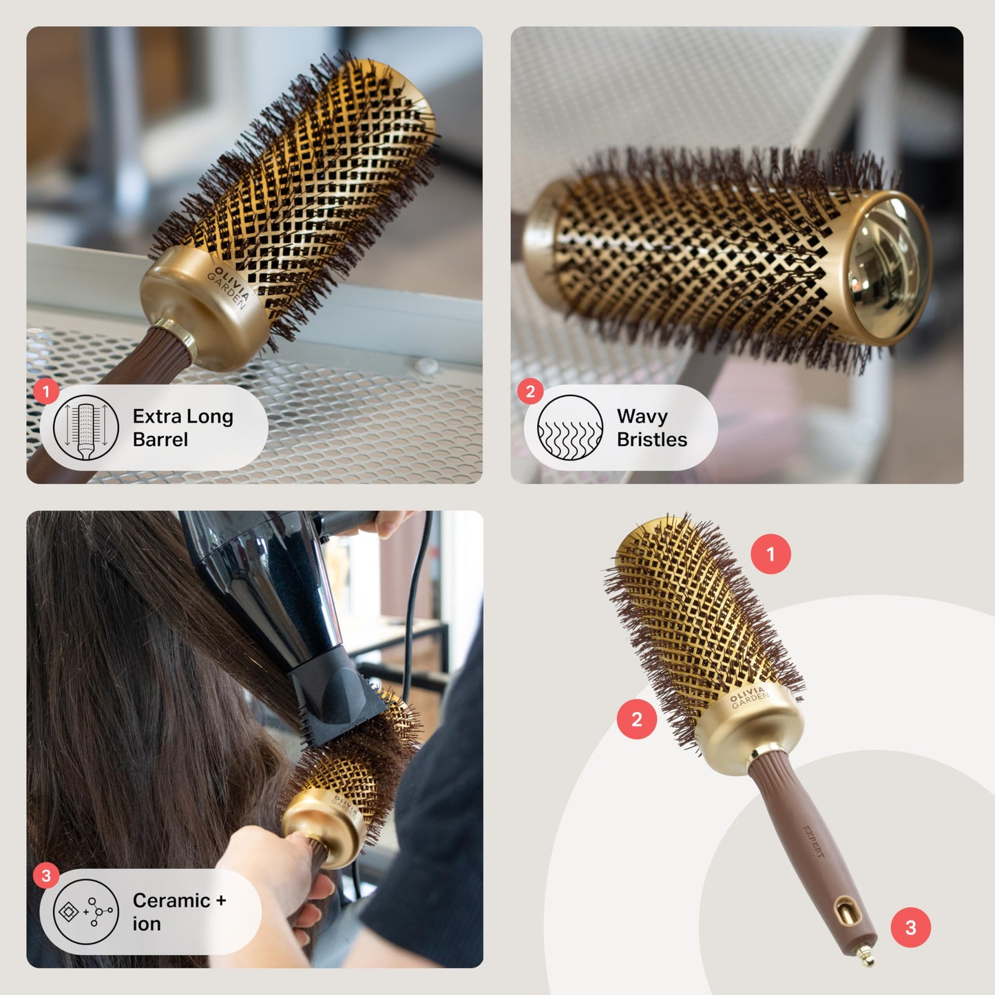 Olivia Garden Expert Blowout Speed – Gold & Brown - 55 - Ceramic Coated Round Brush with Extra Long Barrel for 25% Faster Blowouts