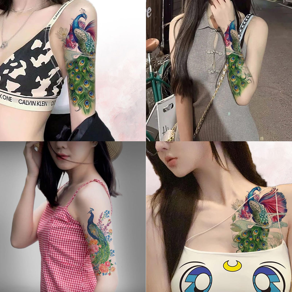 Nirbffo Large Temporary Tattoos Peacock Flowers Legs Arm Belly Back Waterproof Sticker 4 Sheets