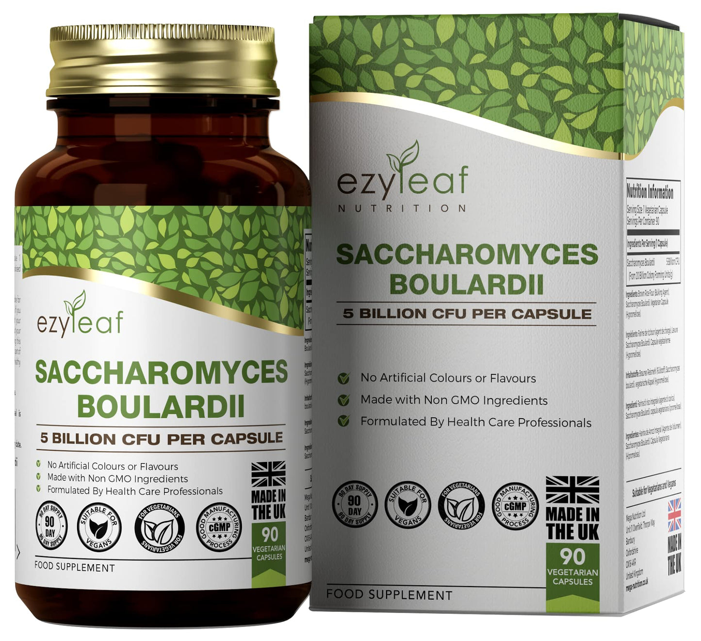 Ezyleaf Saccharomyces Boulardii [5 Billion CFU] | 90 Vegan Capsules | Probiotic Supplement | S Boulardii Probiotic with Clean Fillers | ISO Certified, Non-GMO, Gluten & Allergen Free | Made in UK