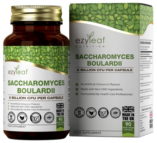 Ezyleaf Saccharomyces Boulardii [5 Billion CFU] | 90 Vegan Capsules | Probiotic Supplement | S Boulardii Probiotic with Clean Fillers | ISO Certified, Non-GMO, Gluten & Allergen Free | Made in UK