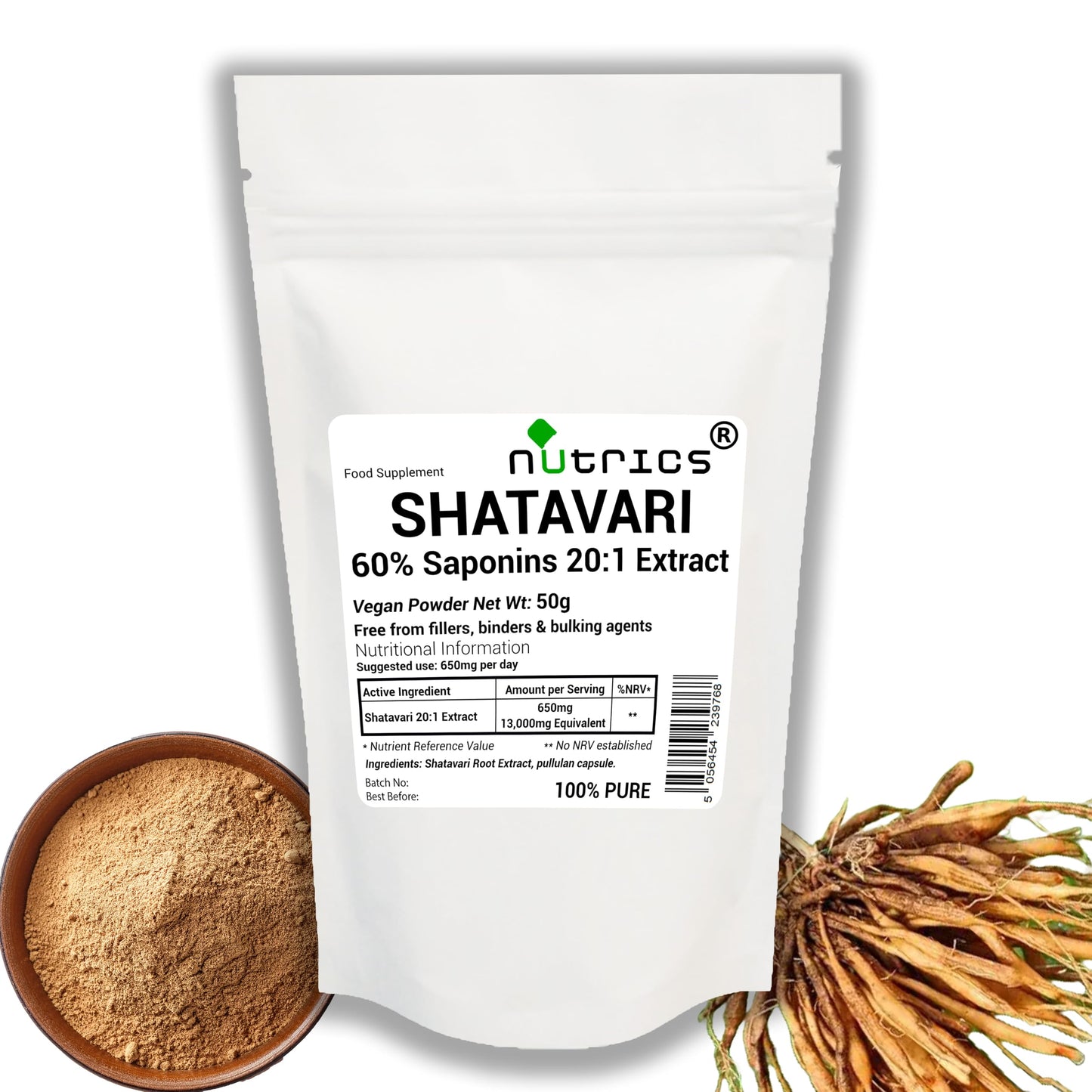 Nutrics® 13,000mg (per Capsule) 60% Saponins SHATAVARI Root Extract V Capsules Asparagus Racemosus 100% Pure - No fillers Binders or Bulking Agents (50g Extract Powder, 1, Count)