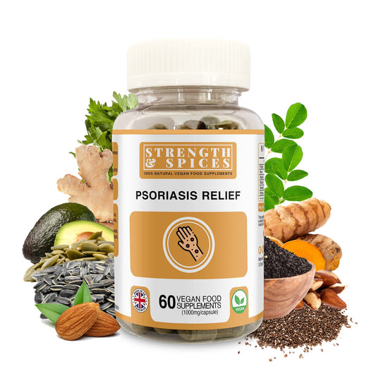 Strength & Spices Psoriasis Relief Skin Care Supplements, Immune System Booster with 31 Powerful Ingredients and Amino Acids, Soothes Red, Flaky Skin, 1000 mg, 60 Vegan Capsules