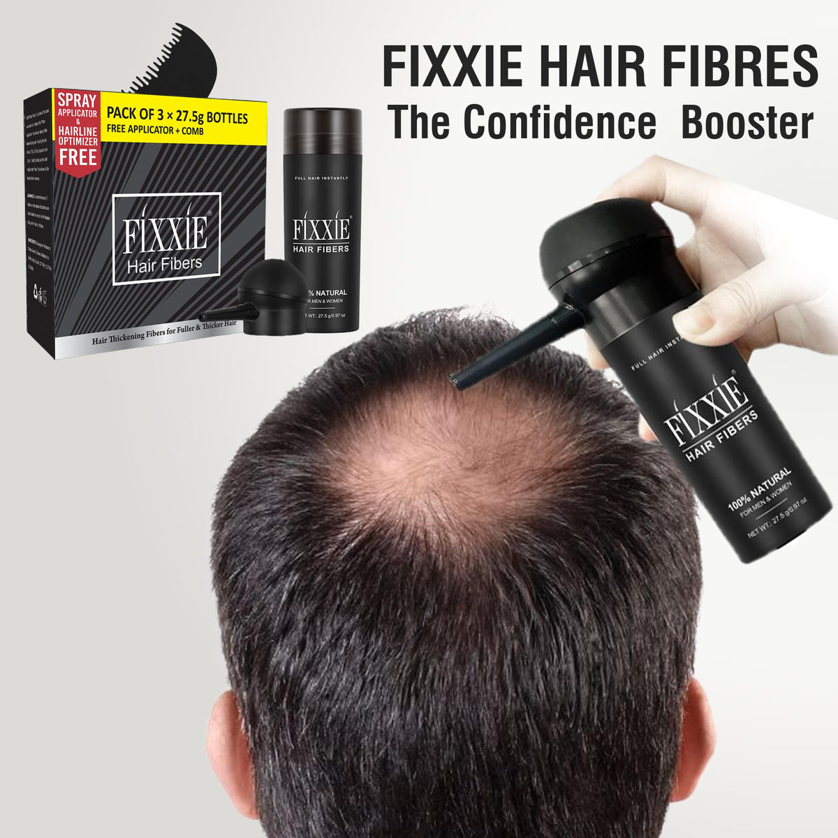 FIXXIE, fixxie Hair Fibres with Applicator + Comb, 82.5g Natural Keratin Hair Thickening Fibers for Thinning Hair, Hair Thickener For Women & Men, 27.5g X 3 Bottles (Pack of 3, Black)