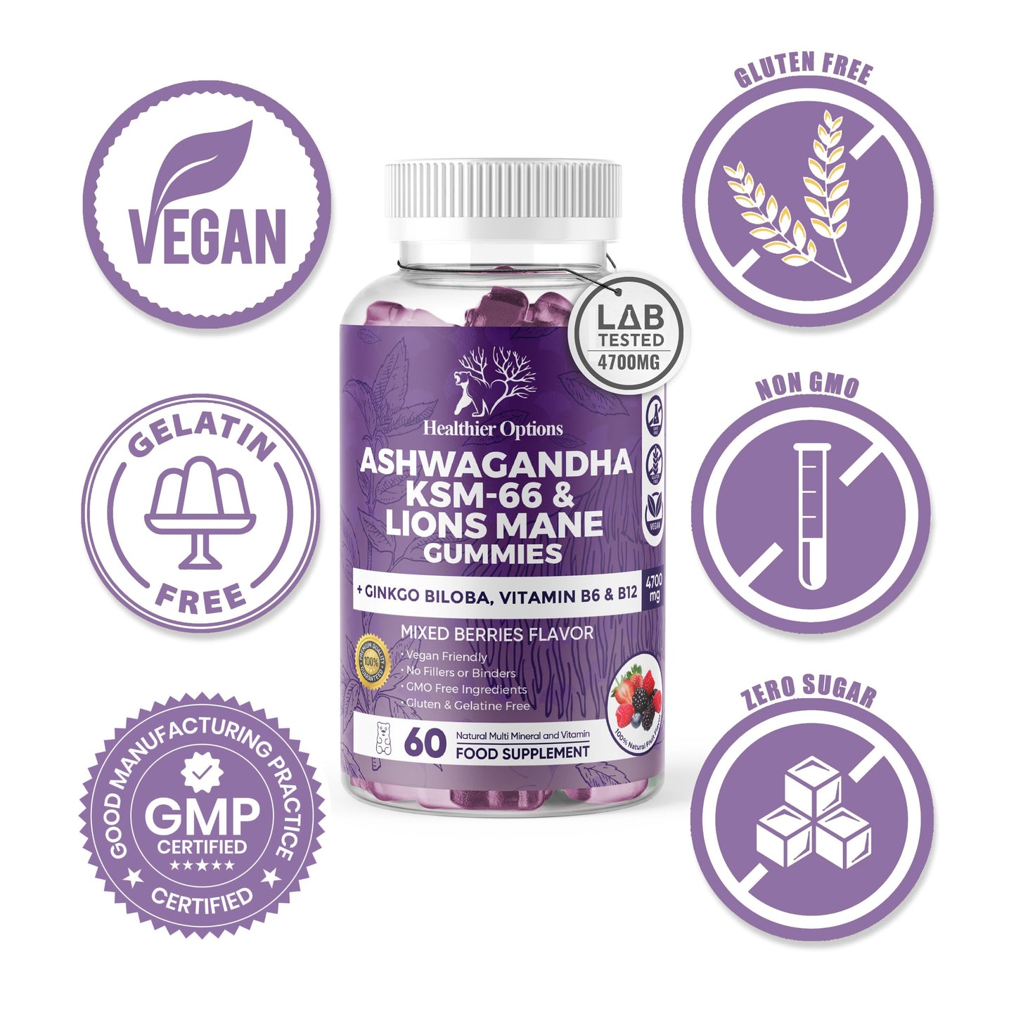 Healthier Options Ashwagandha KSM-66 and Lions Mane Gummies 4700mg | High Strength Ginkgo Biloba, Magnesium Glycinate, B6 & B12 | Ashwagandha Gummies 5% Withanolides | Stress, Focus, Memory & Energy | 6-in-1 60 Vegan