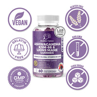Healthier Options Ashwagandha KSM-66 and Lions Mane Gummies 4700mg | High Strength Ginkgo Biloba, Magnesium Glycinate, B6 & B12 | Ashwagandha Gummies 5% Withanolides | Stress, Focus, Memory & Energy | 6-in-1 60 Vegan
