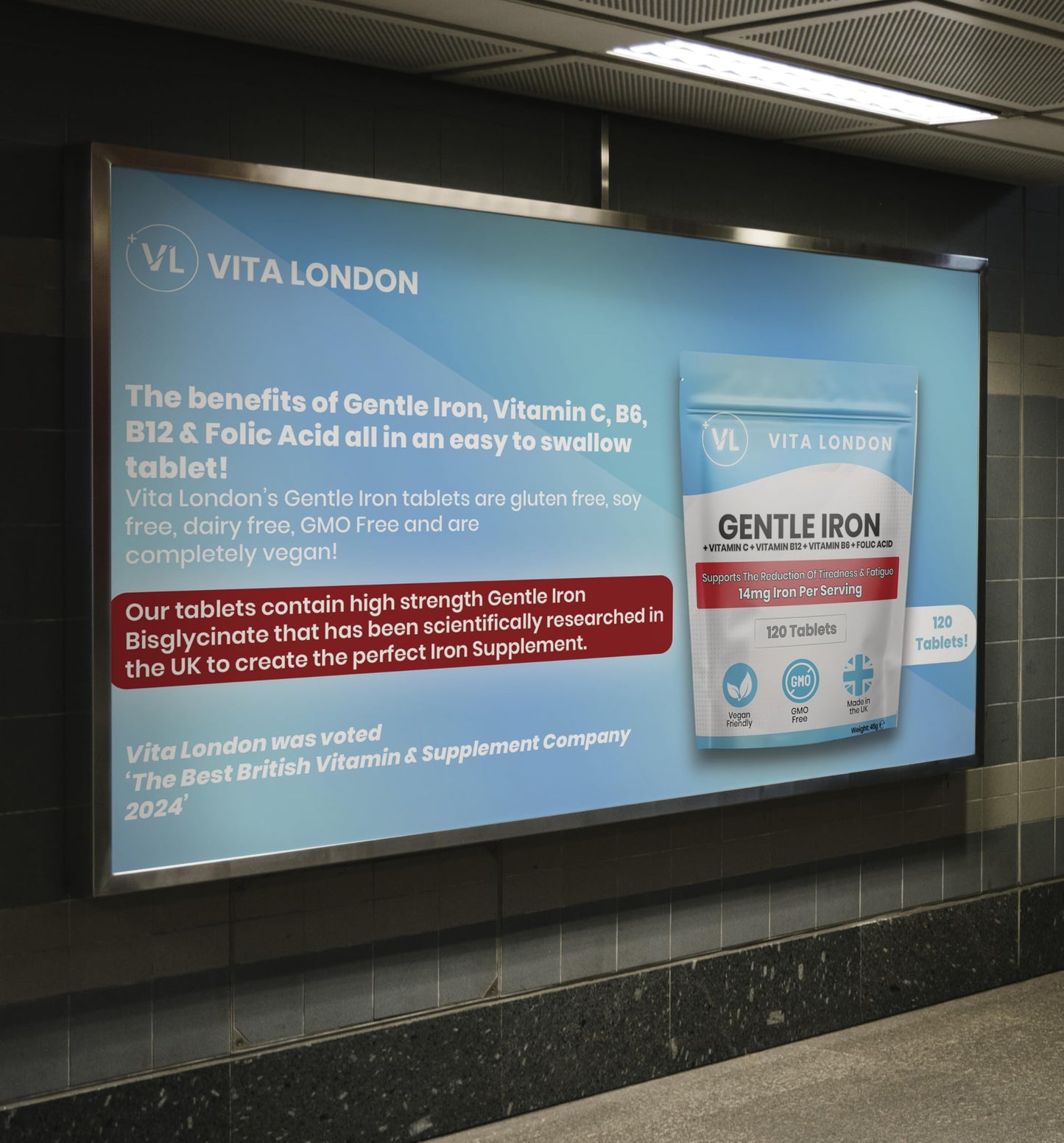 VL Vita London Iron Tablets | Gentle Iron Supplements for Women & Men | 360 Gentle Iron 14mg Tablets High Strength | Added Vitamin C, B12, B6 + Folic Acid | UK Made, Vegan