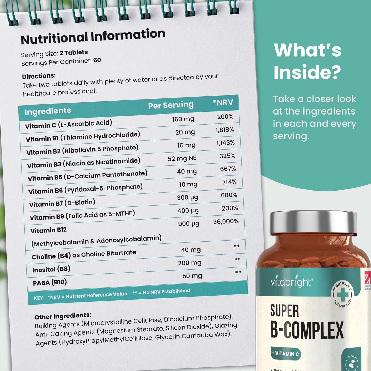 VitaBright Vitamin B Complex High Strength Methylated B Vitamins | B6 Vitamins with Folate & B12 Supplements | Complete Complex with 12 Active Nutrients | Not Liquid Drops Or Spray | Vitabright