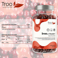 Troo Health Care Iron & Vitamin C - 60 Natural Cherry Flavour Gummies - Tasty Chewable Supplement for Men, Women and Kids - Increased Absorption Supports Cognitive Development & Red Blood Cell Formation