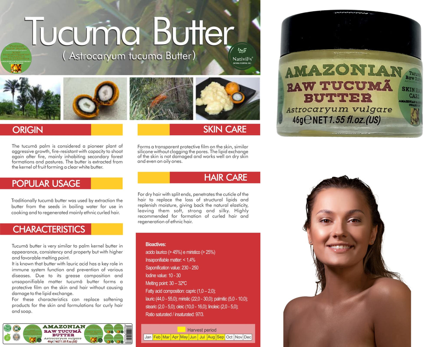 Nativilis Natural Essential Oils Nativilis Amazonian Raw TUCUMA BUTTER (Astrocaryum vulgare) – GREAT HAIR CONDITIONER - HIGH CONCENTRATION VITAMIN-A BETA-CAROTENE - SKIN and Hair Care - nourishing, moisturizing, antioxidant - Copaiba