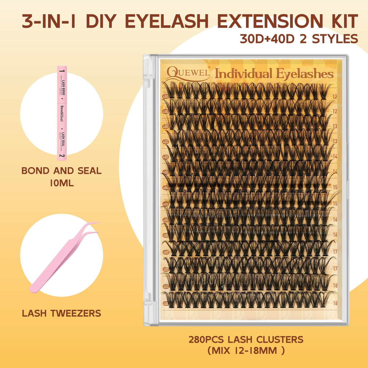 QUEWEL Cluster-Lashes Kit, 40D Individual-Eyelashes with Waterproof Lash Bond & Seal, 280PCS D Curl Lashes Individual Cluster Kit for Beginners DIY Lash Extension at Home (LS-40D-KIT)