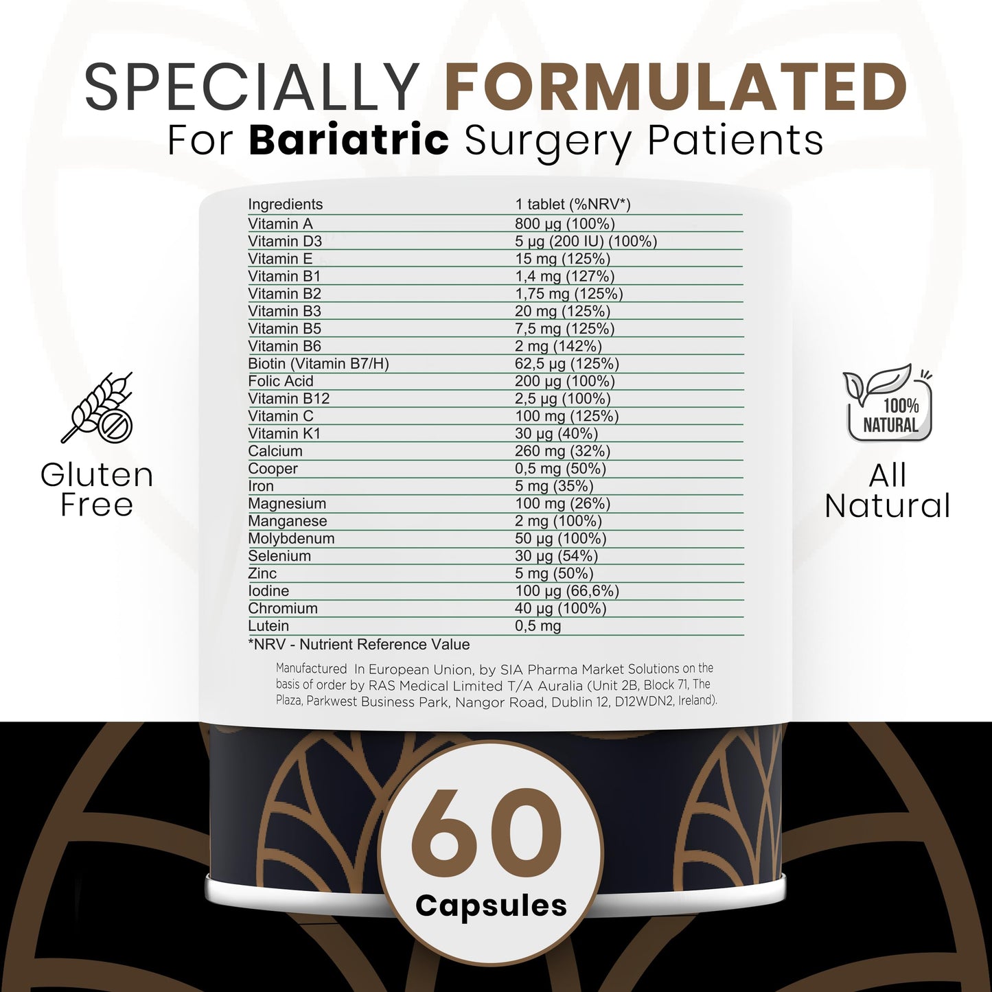 Auralia Medical Group Bariatric Multivitamins with Iron & Calcium + Minerals 1 PER Day Vitamins Gastric Bypass Sleeve Supplements 60 Tablets (2-Month Supply)