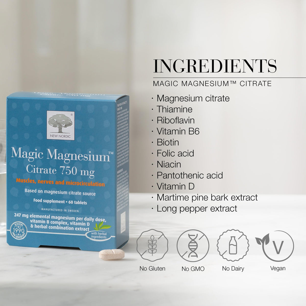 New Nordic Ltd New Nordic Magnesium Citrate 750mg Energy & Muscle Function B Vitamins 60ct