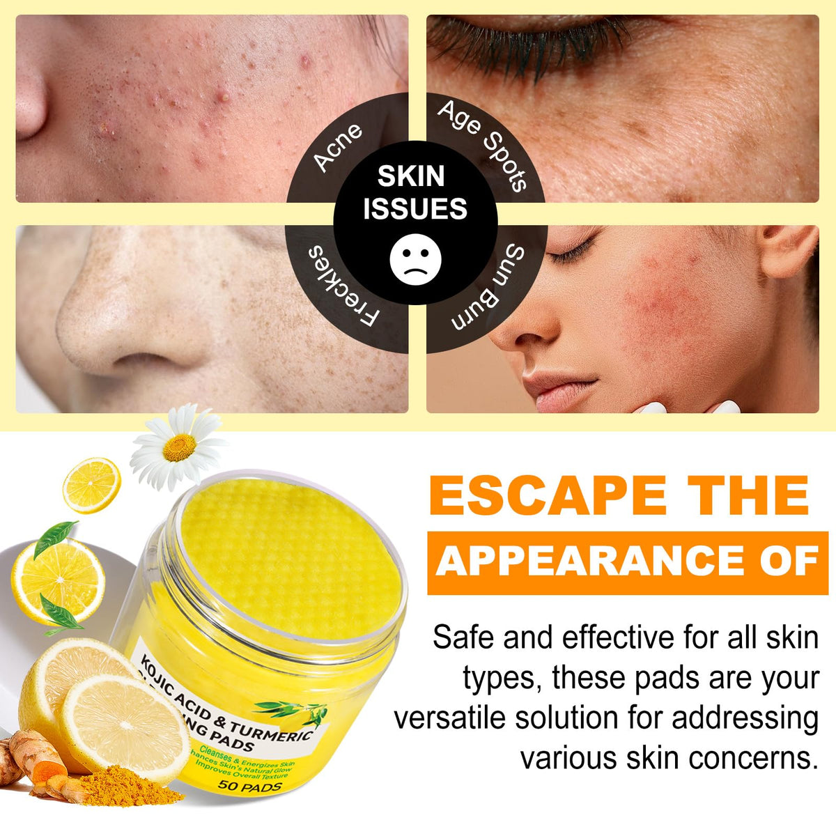Generic Kojic Acid and Turmeric Pads,Turmeric kojic Acid Pads for Face, Turmeric and Kojic Acid Cleansing Pads,Turmeric Cleansing Pads for Dark spots, Exfoliating, Acne Scars (50 PCS)