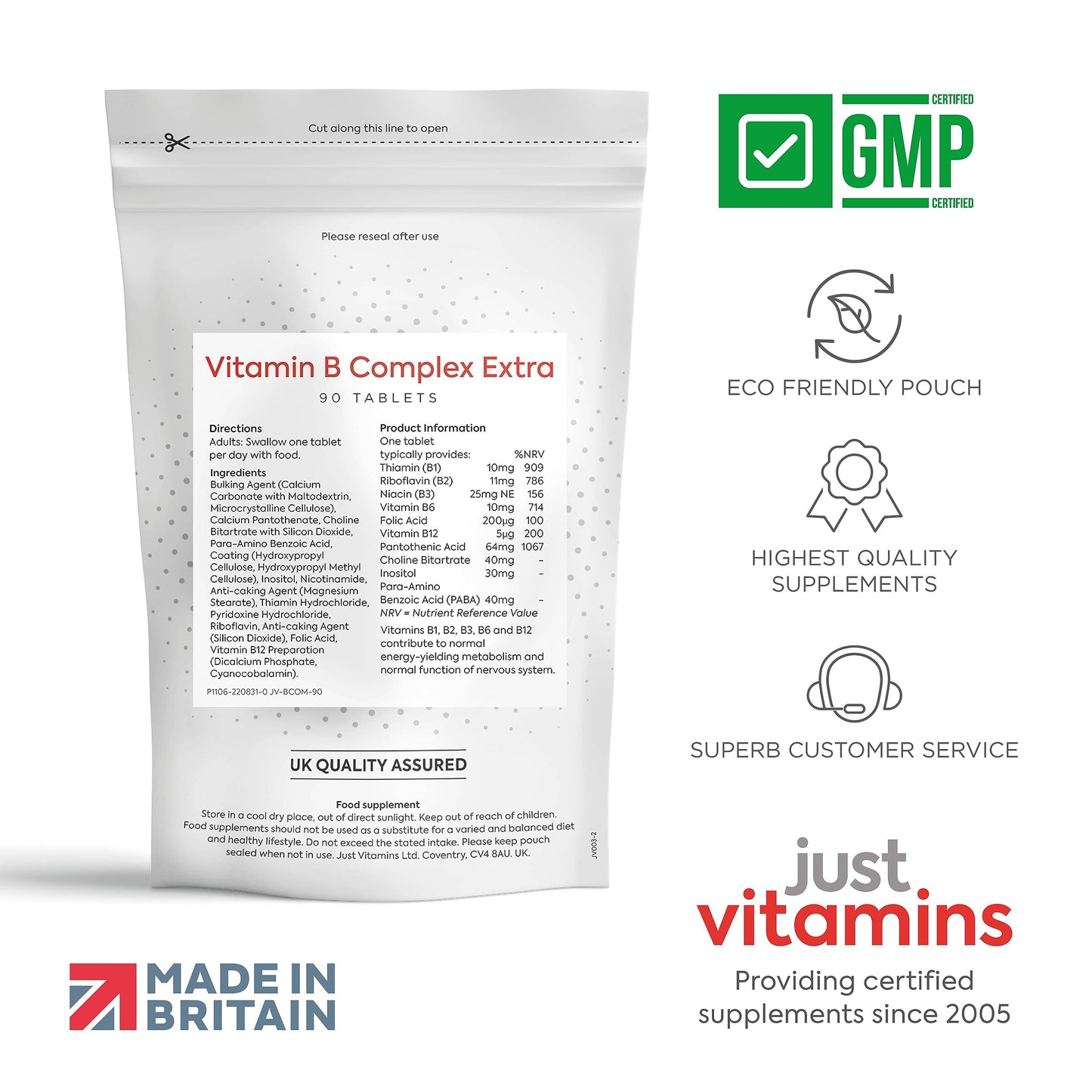 Just Vitamins Super Vitamin B-50 Complex | x90 High Strength Tablets Containing All 8 B Vitamins - VIT B1 Thiamine, B2, B3 Niacin, B5, B6, B7 Biotin, Inositol, B9 Folic Acid & B12. UK Made from Non Yeast Source