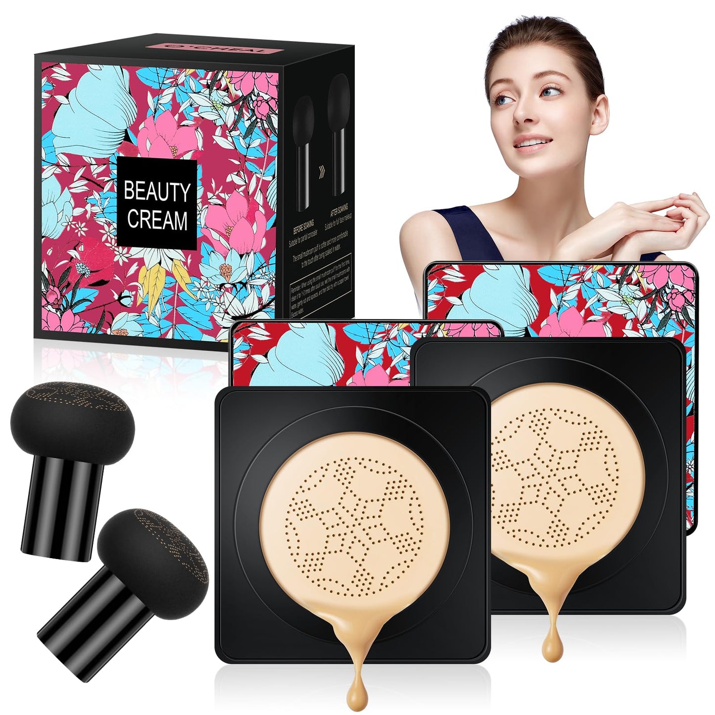LOPHE 2 Pcs Mushroom Head Air Cushion CC Cream, Moisturizing & Oil Control Foundation Cover Concealer, Long Lasting Air Cushion CC Cream with Mushroom Makeup Sponge, Liquid Foundation CC Cream for Makeup