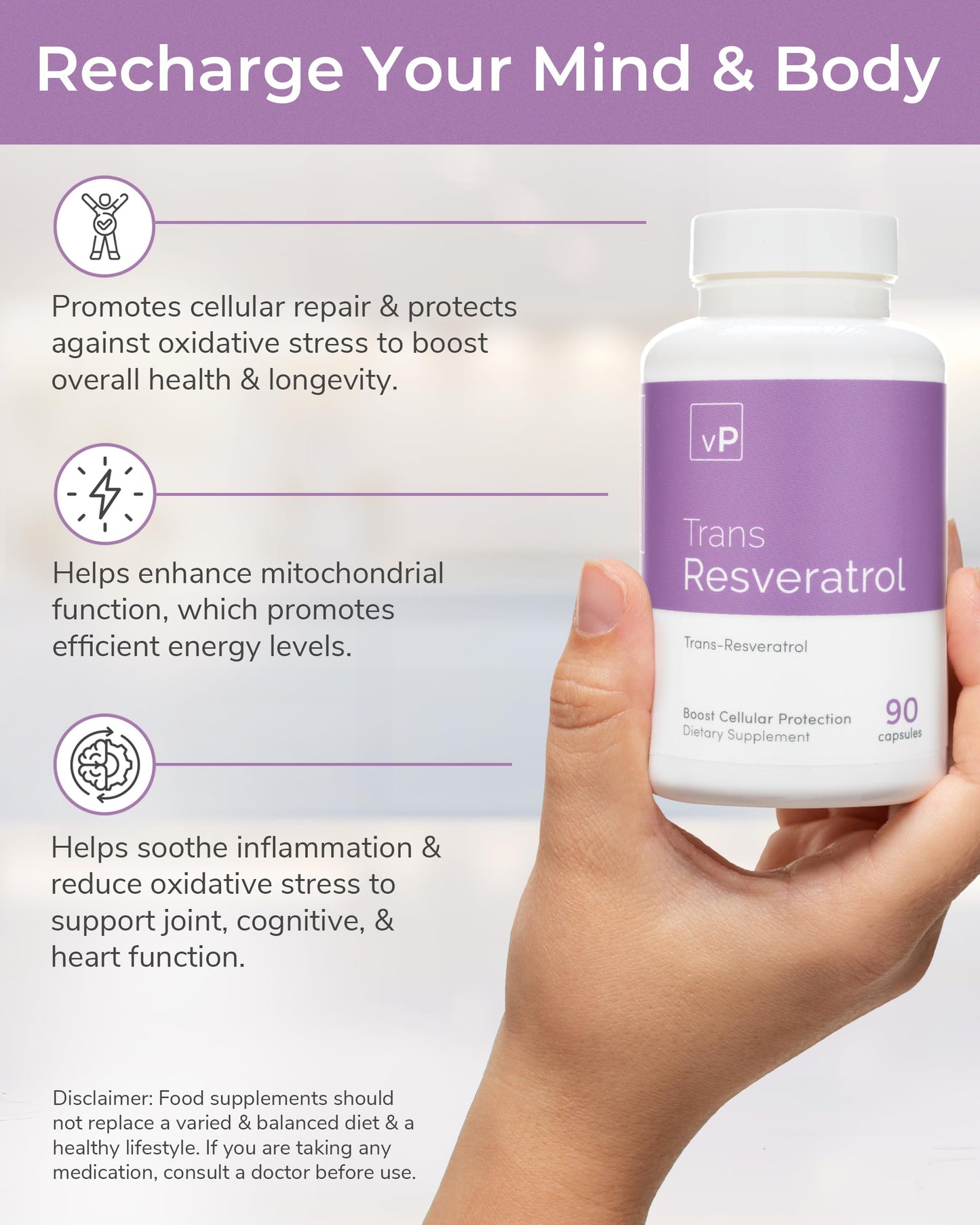 vP Vitality Pro Trans Resveratrol Supplements, 90 Capsules - 500 milligrams Pure Trans Resveratrol Powder for Vitality & Immunity Support - Vegan Dietary Supplements
