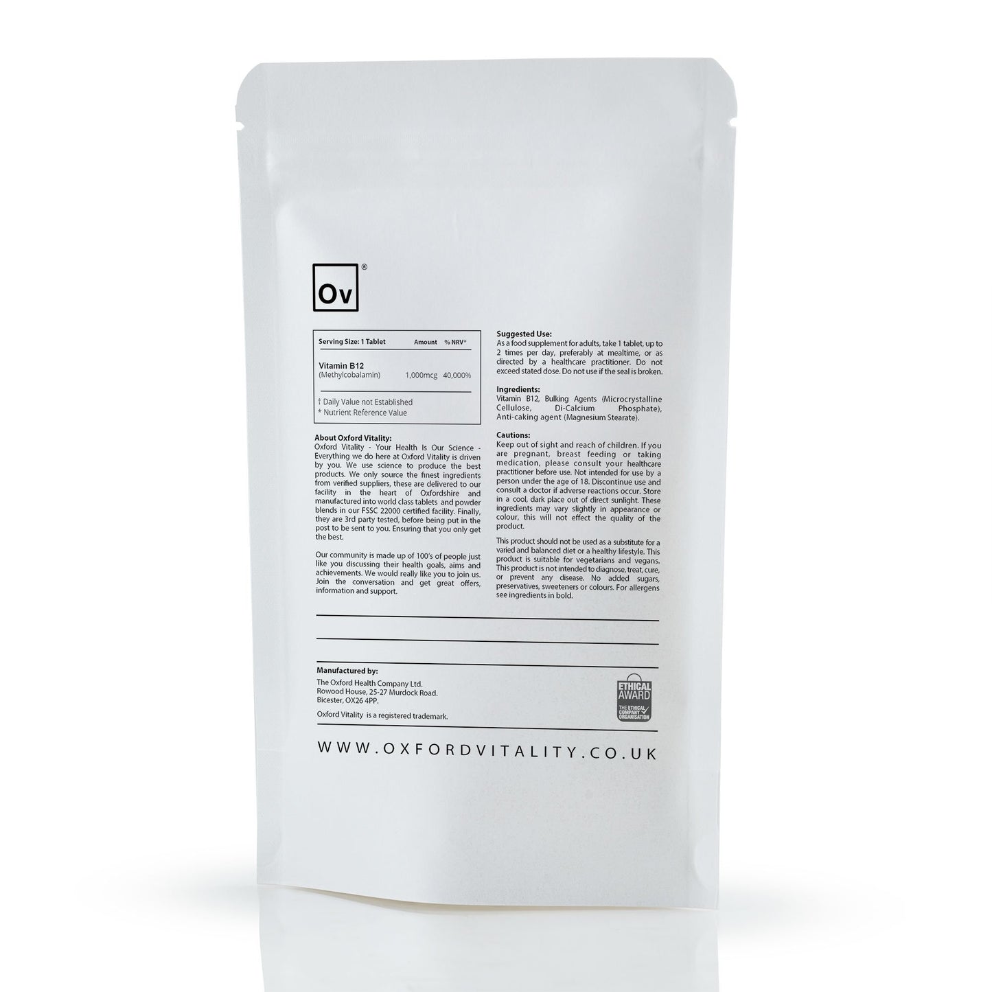 Ov OXFORD VITALITY Vitamin B12 Tablet | 1000 mcg Methylcobalamin Supplement for Vegans, Vegetarians & General Health | Oxford Vitality