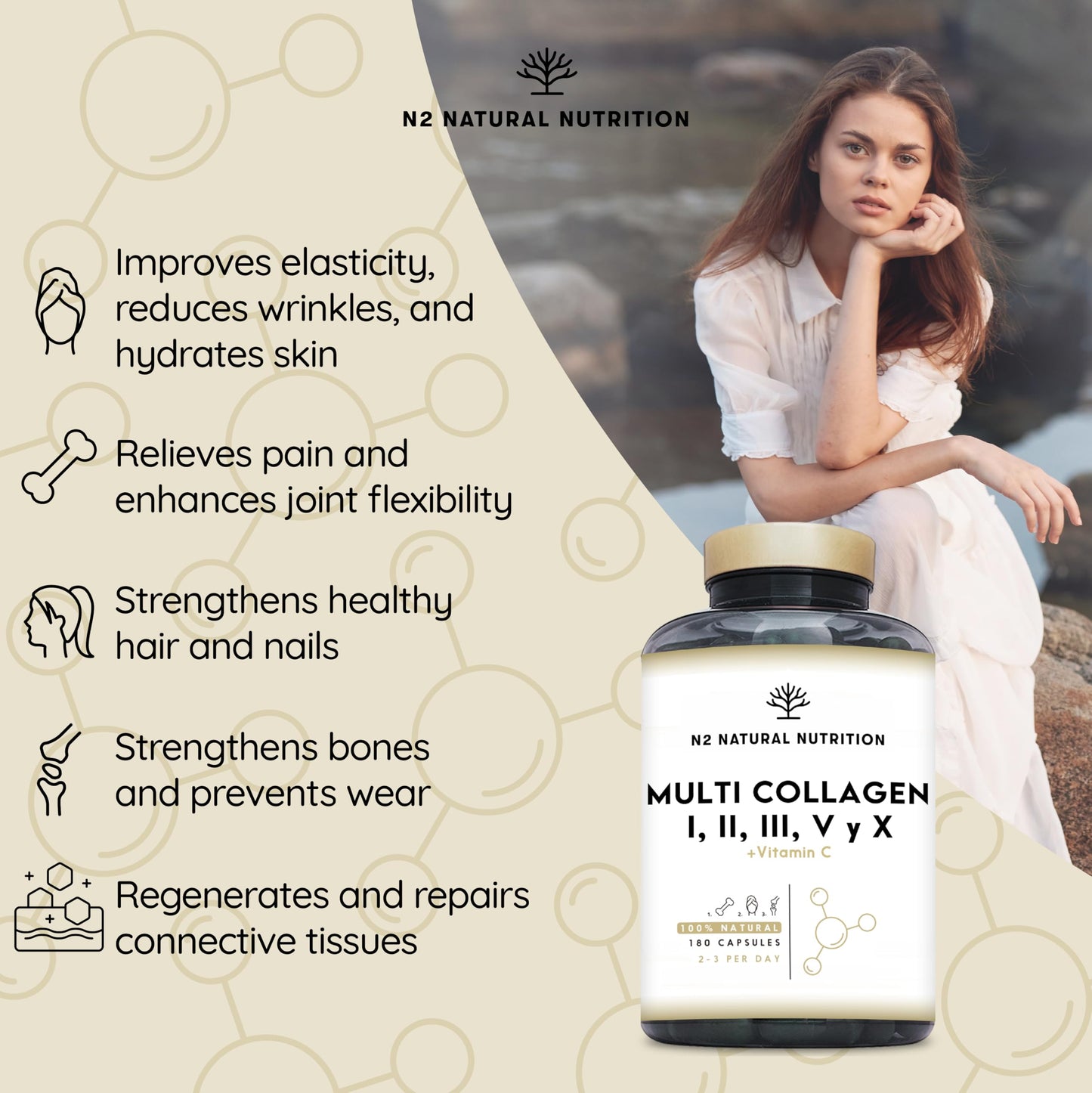 Multi Collagen Type I, II, III, V, X. Bovine, Marine Collagen Peptides 180 Capsules Enhanced with Vitamin C, for Joint Care, Skincare & Hair High Strength Collagen for Women & Men N2 Natural Nutrition