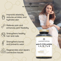 Multi Collagen Type I, II, III, V, X. Bovine, Marine Collagen Peptides 180 Capsules Enhanced with Vitamin C, for Joint Care, Skincare & Hair High Strength Collagen for Women & Men N2 Natural Nutrition