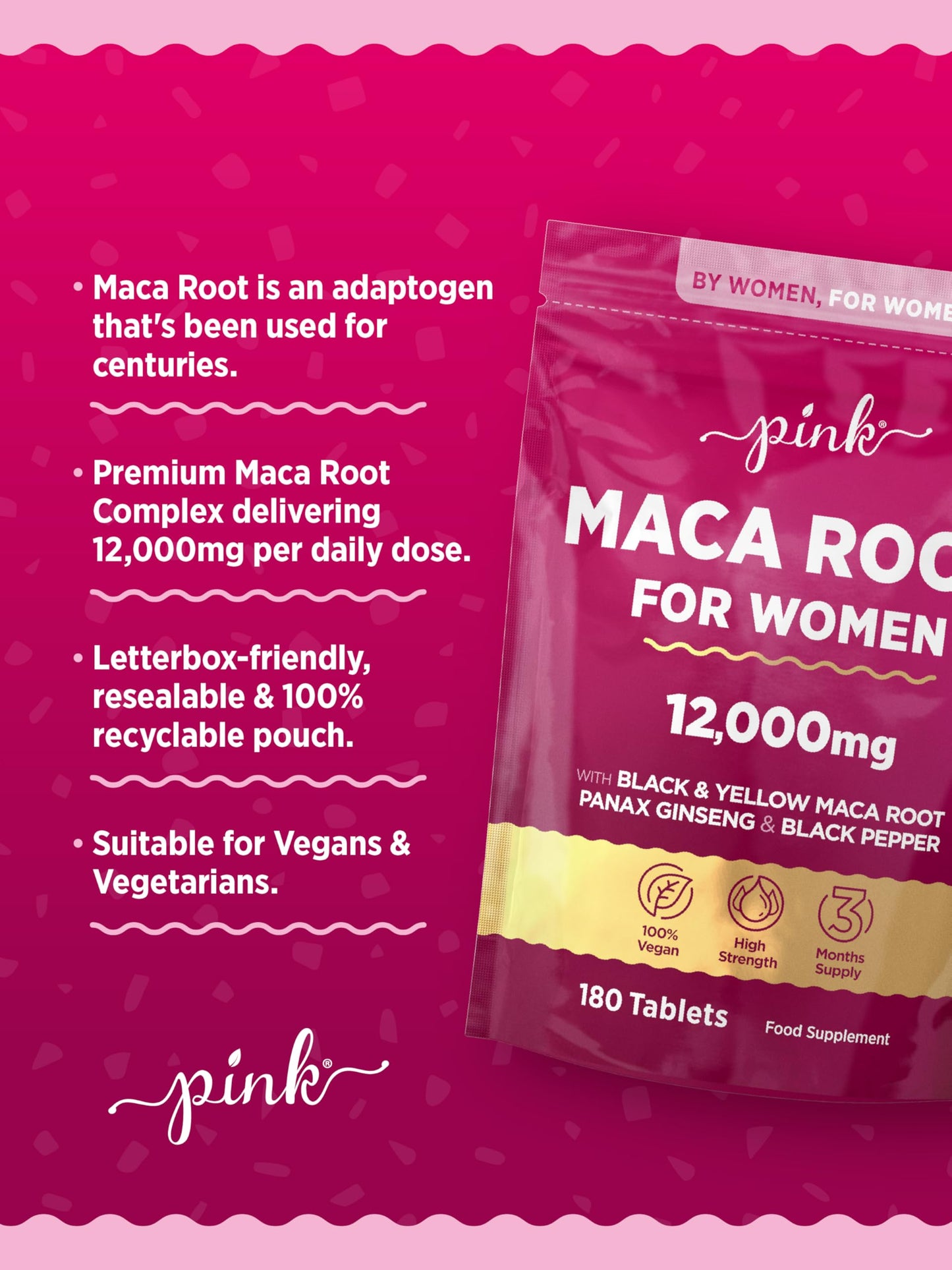 Maca Root Capsules for Women 12,000mg | Peruvian Maca Supplement | High Strength Black & Yellow Maca Root with Panax Ginseng and Black Pepper | Botanical Supplement to Support Women's Health | by PINK