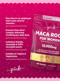 Maca Root Capsules for Women 12,000mg | Peruvian Maca Supplement | High Strength Black & Yellow Maca Root with Panax Ginseng and Black Pepper | Botanical Supplement to Support Women's Health | by PINK