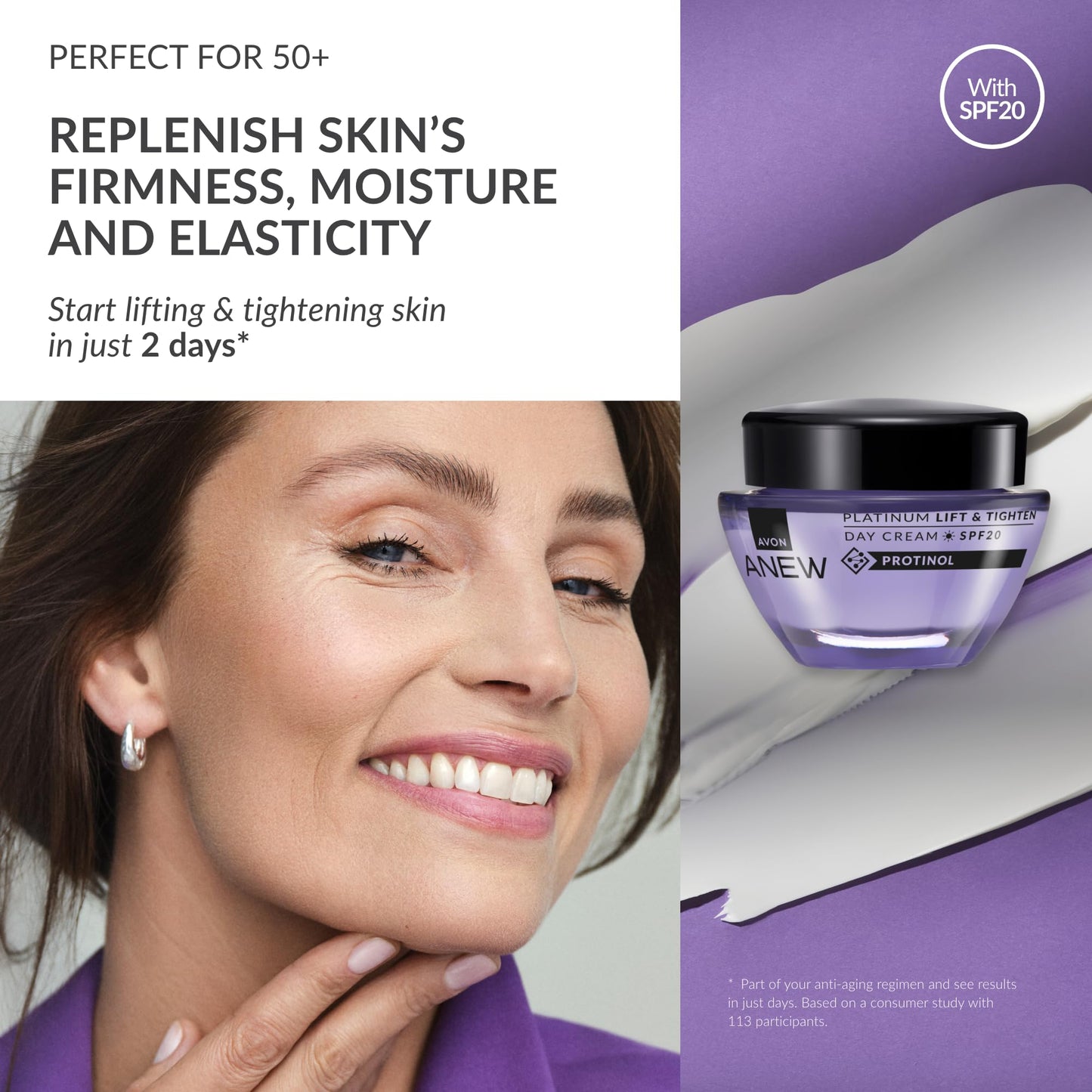 Avon Anew Platinum Lift & Tighten SPF20 Day Cream 50ml, with Protinol™ Technology to Help Lift Skin, and Replenish the Look of Skin's Firmness, Moisture and Elasticity, Cruelty Free